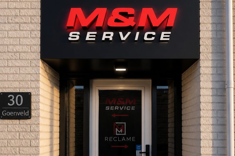 De verlichte gevel van M&M Service in Zeewolde